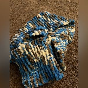 Bernat yarnspirations baby blanket yarn.  Handmade blue/gray camo adult scarf